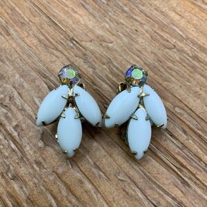 White Milk Glass Aurora Borealis Vintage Gold Tone Clipped Earrings
